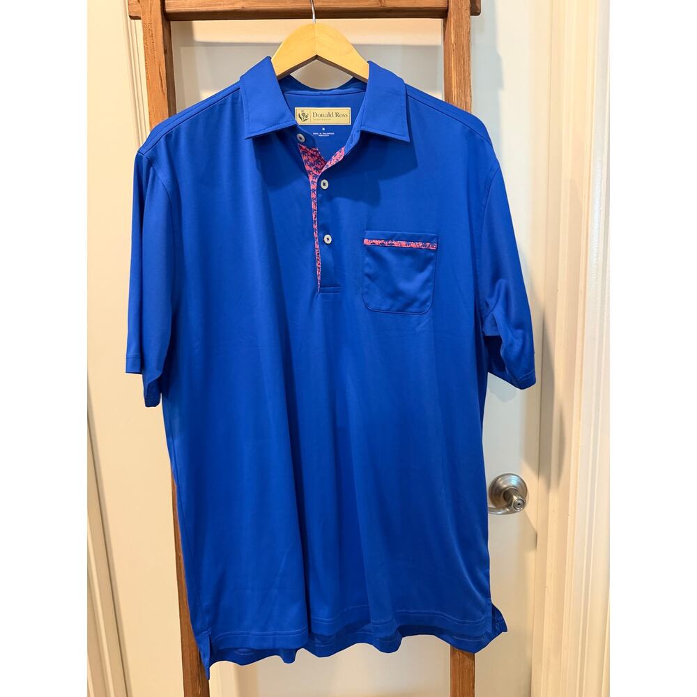 Donald Ross Sport Blue Golf Polo Shirt Men’s Medium Palm Print Trim Performance